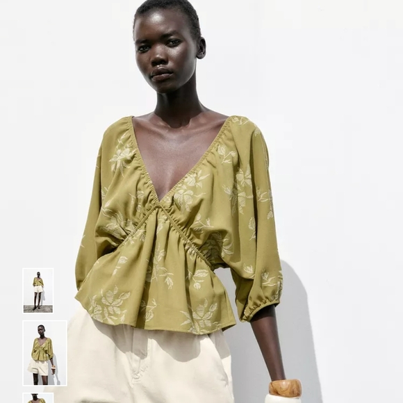 Zara Mustard Floral Blouse with Tie Back - Picture 3 of 8